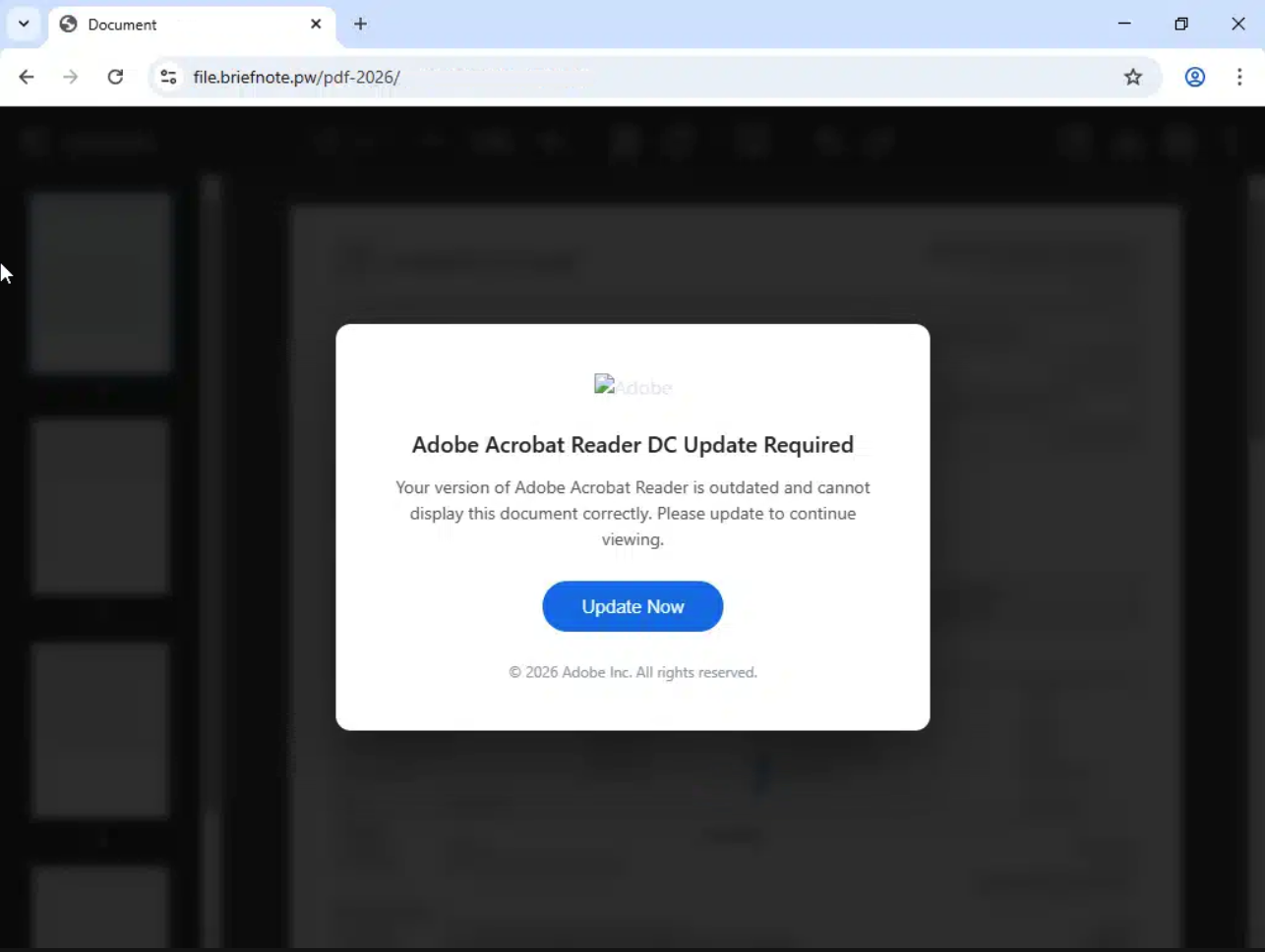 A blurred PDF viewer behind a modal reading "Adobe Acrobat Reader DC Update Required - Your version of Adobe Acrobat Reader is outdated and cannot display this document correctly"