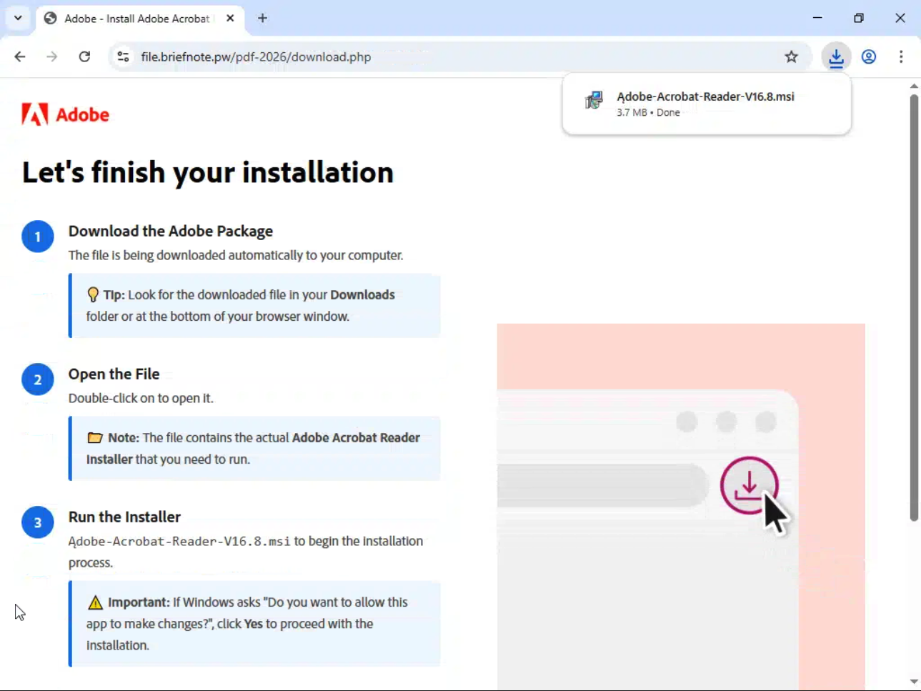 A fake Adobe "Let's finish your installation" page with three steps, a downloaded file named Ądobe-Acrobat-Reader-V16.8.msi, and a warning to click Yes when Windows asks to allow changes