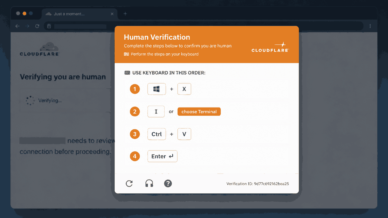 Fake Cloudflare 'Human Verification' ClickFix overlay -- EtherHiding campaign